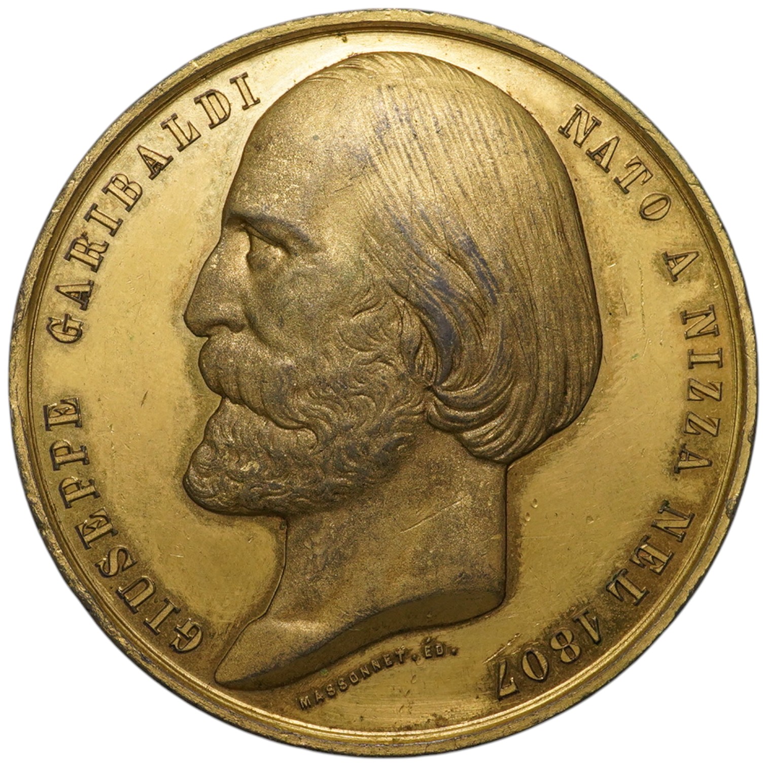 Historical Medals, Italian War of Independence, gilt metal medal by Massonnet, 1859, obv. Portrait of Giuseppe Garibaldi commemorating his birth in 1807, EF, scarce